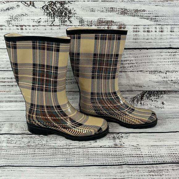 Sporto AMY Rubber Rain Duck Boots size 6 Black Tan Blue Plaid Calf Any Weather - Picture 2 of 11